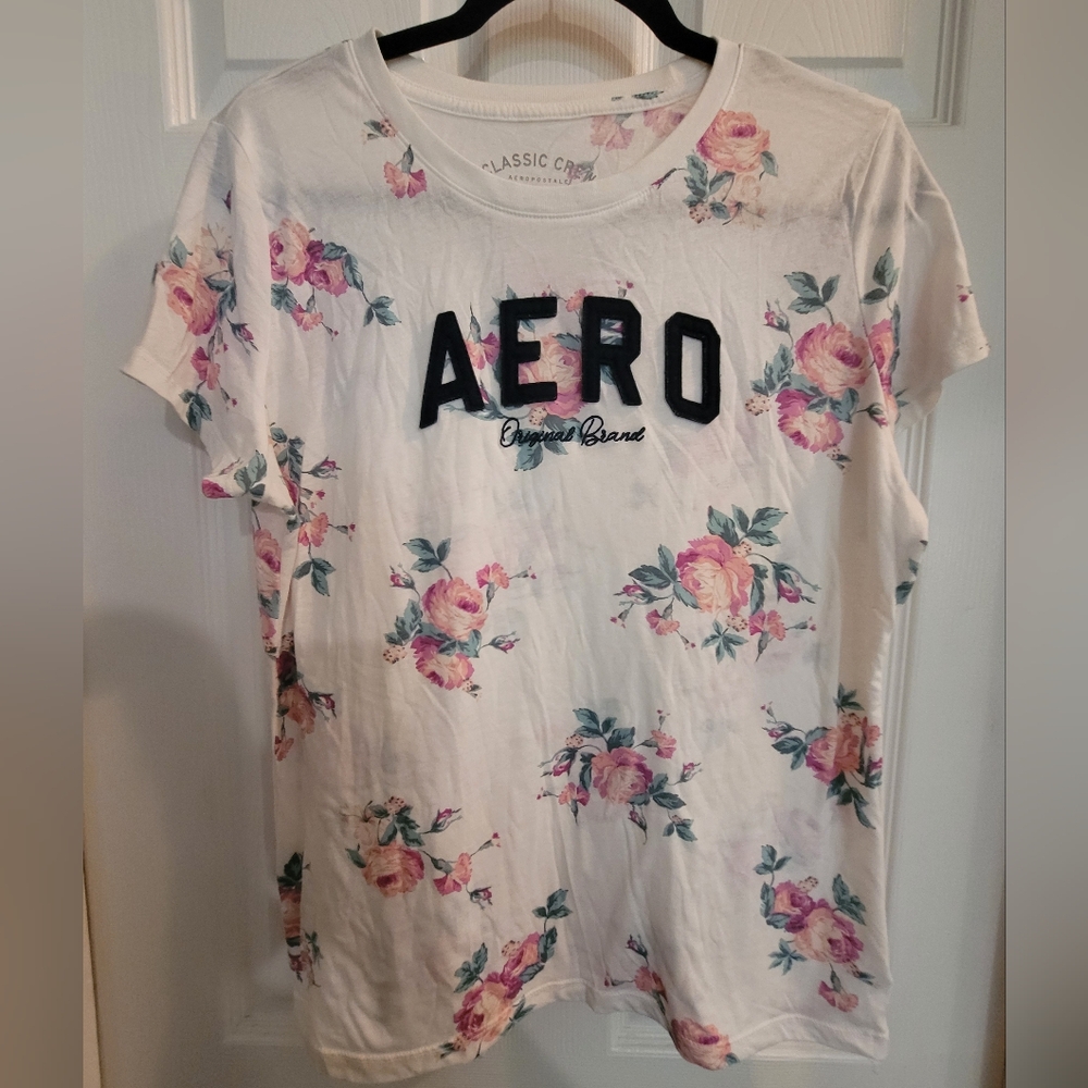 Aeropostale Floral Short Sleeve Tee - White and Pink